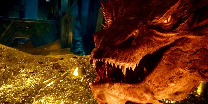 Smaug from The Hobbit, with lots of gold behind him