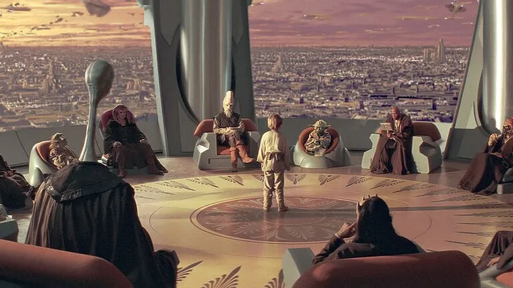The jedi council speaking with kid Anakin Skywalker