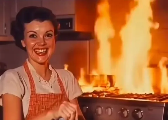 A lady smiling nervously with a kitchen in fire in the background