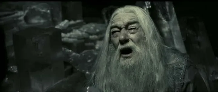 Dumbledore crying after drinking from the chalice to obtain Slytherin's Locket