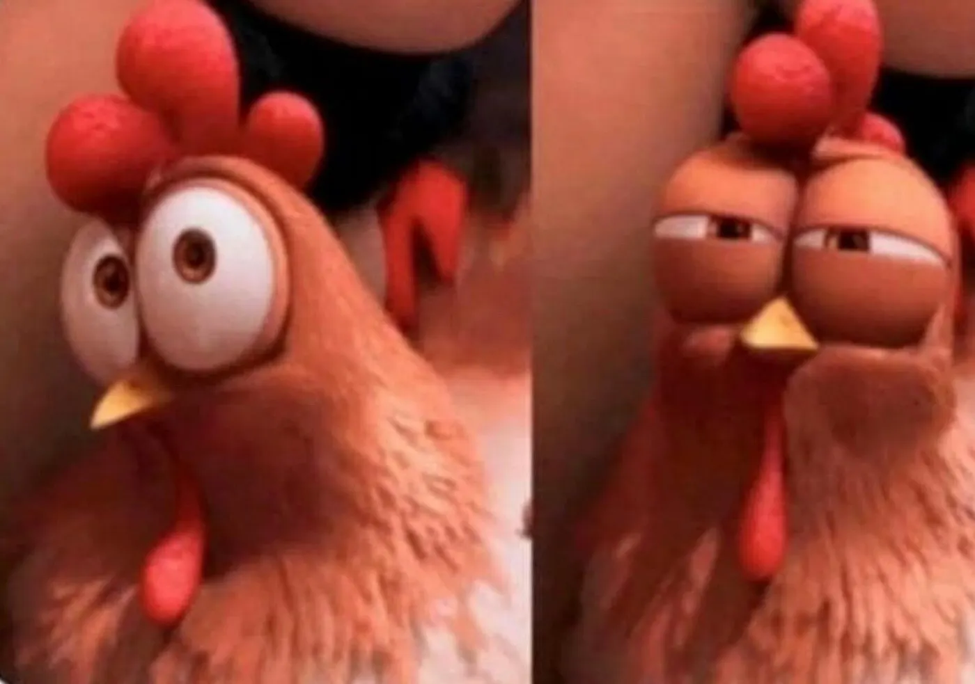 A cartoon chicken with a doubtful look