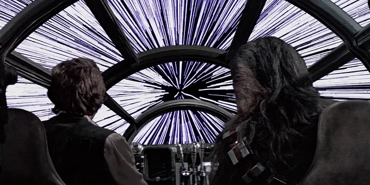 Han Solo and Chewbacca entering hyperspace