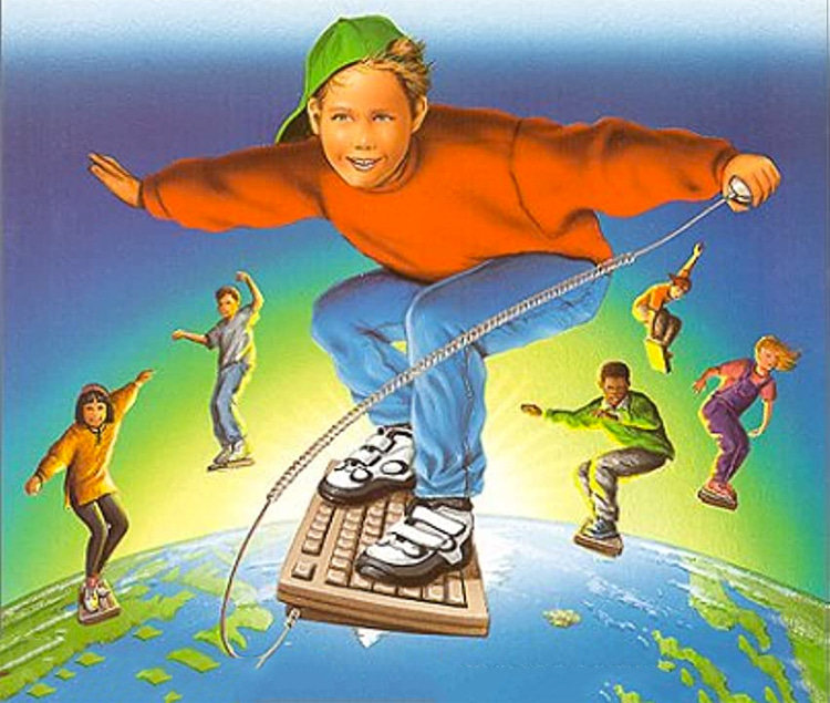 A kid surfing on a keyboard
