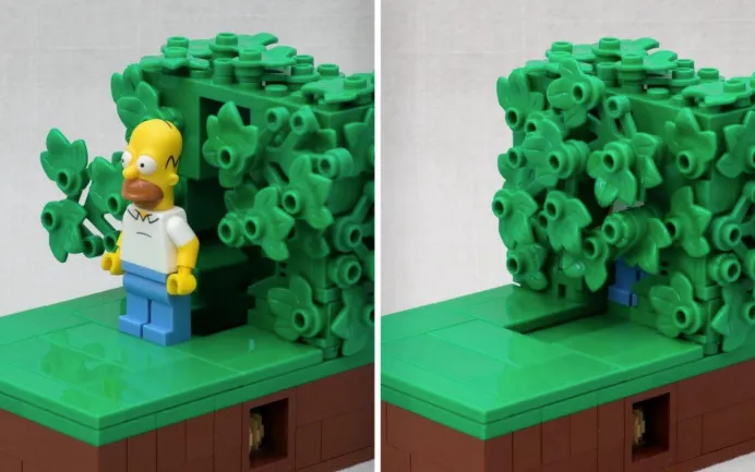 The classic Homer in bush meme, but in lego