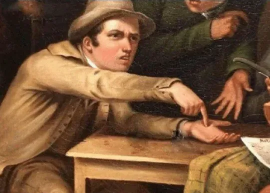 An old painting of a man asking for payment